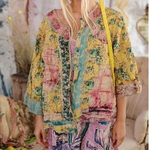 Magnolia Pearl Floral Patchwork Quilted Jacket Yellow REVERSIBLE Bohemian NWT OS